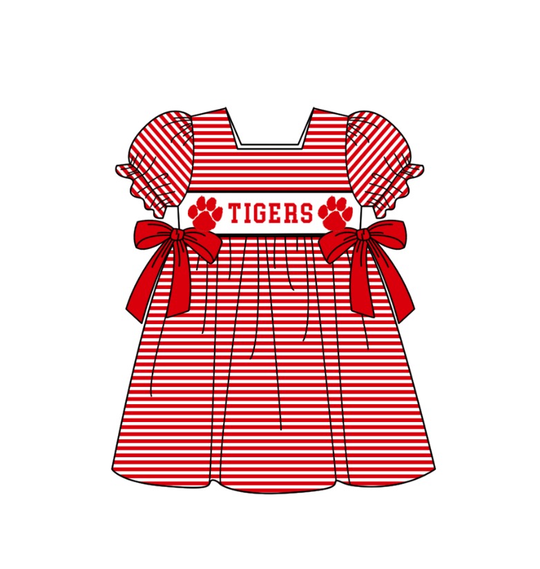 Custom Moq 3 Football Item Tigers Red Bows Short Sleeve Girls Dress