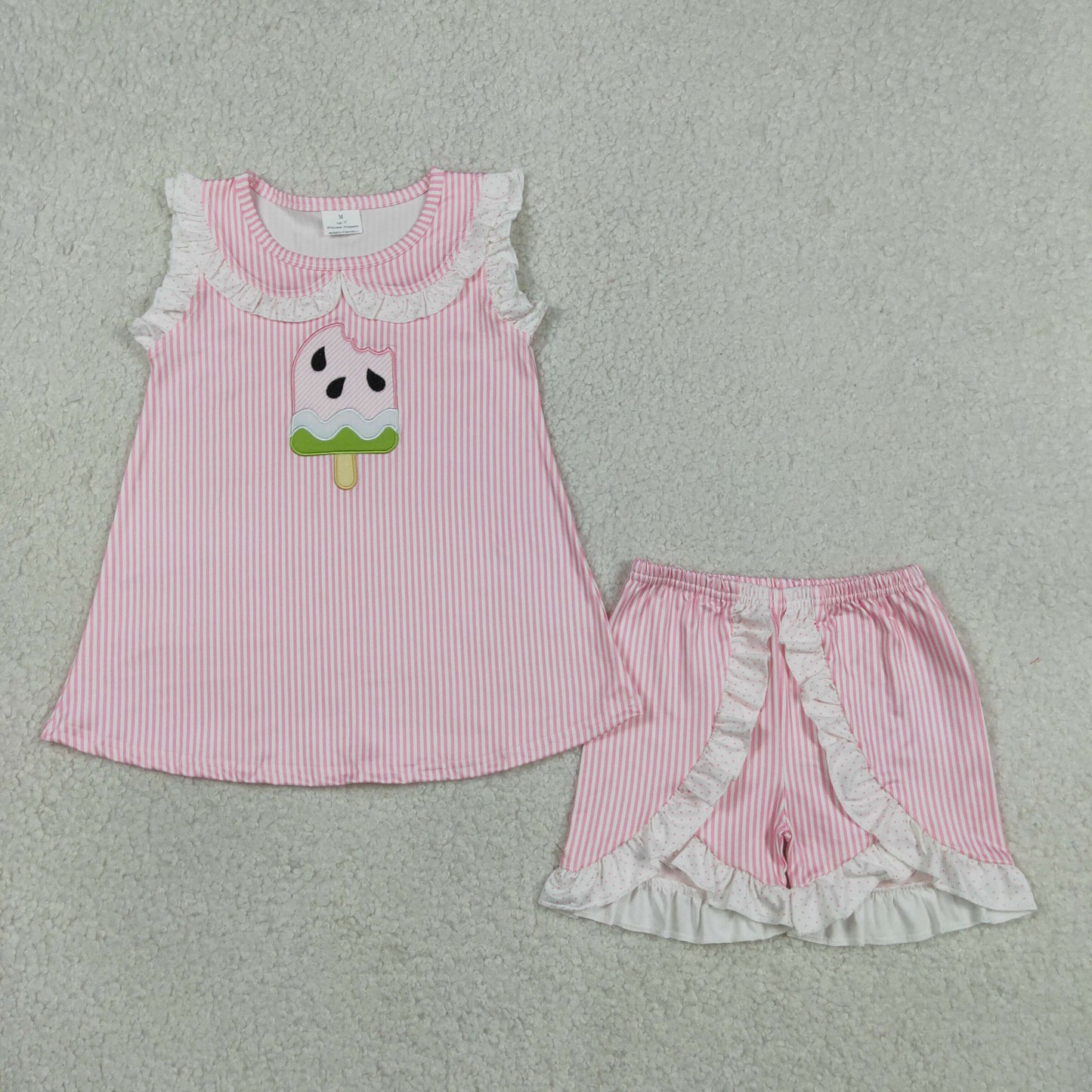 Embroidery GSSO3238 Watermelon Ice Pink Striped Sleeveless Shorts Girls Set