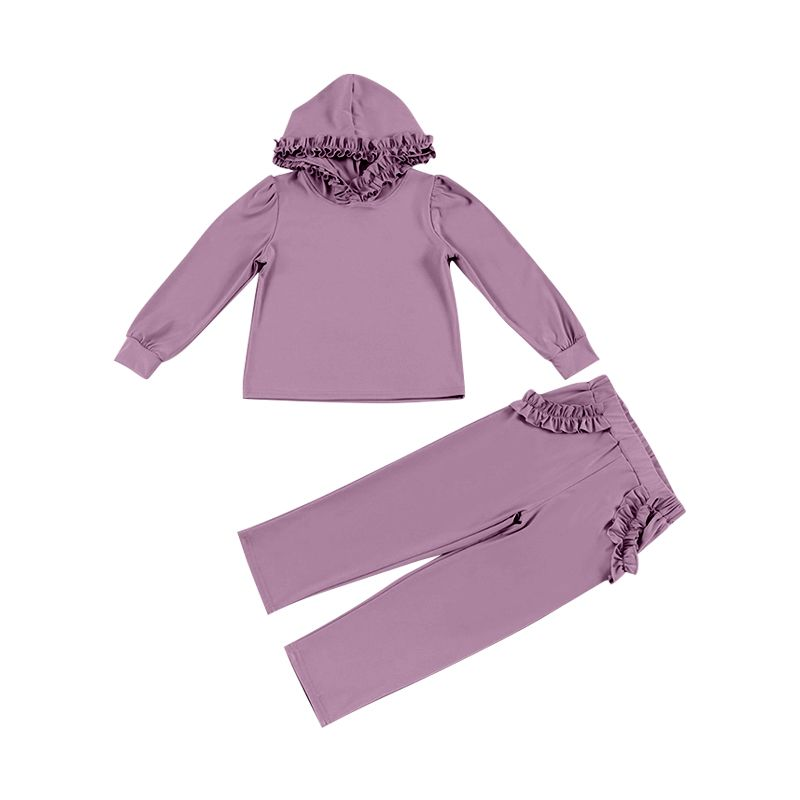 preorder GLP2304 Purple Long Sleeve Ruffles Hoodie Pockets Pants Girls Set