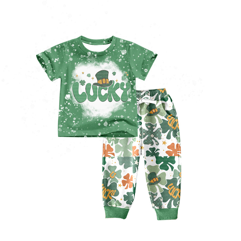 preorder BSPO0223 Saint Patrick lucky green short sleeve pocket pants boys set