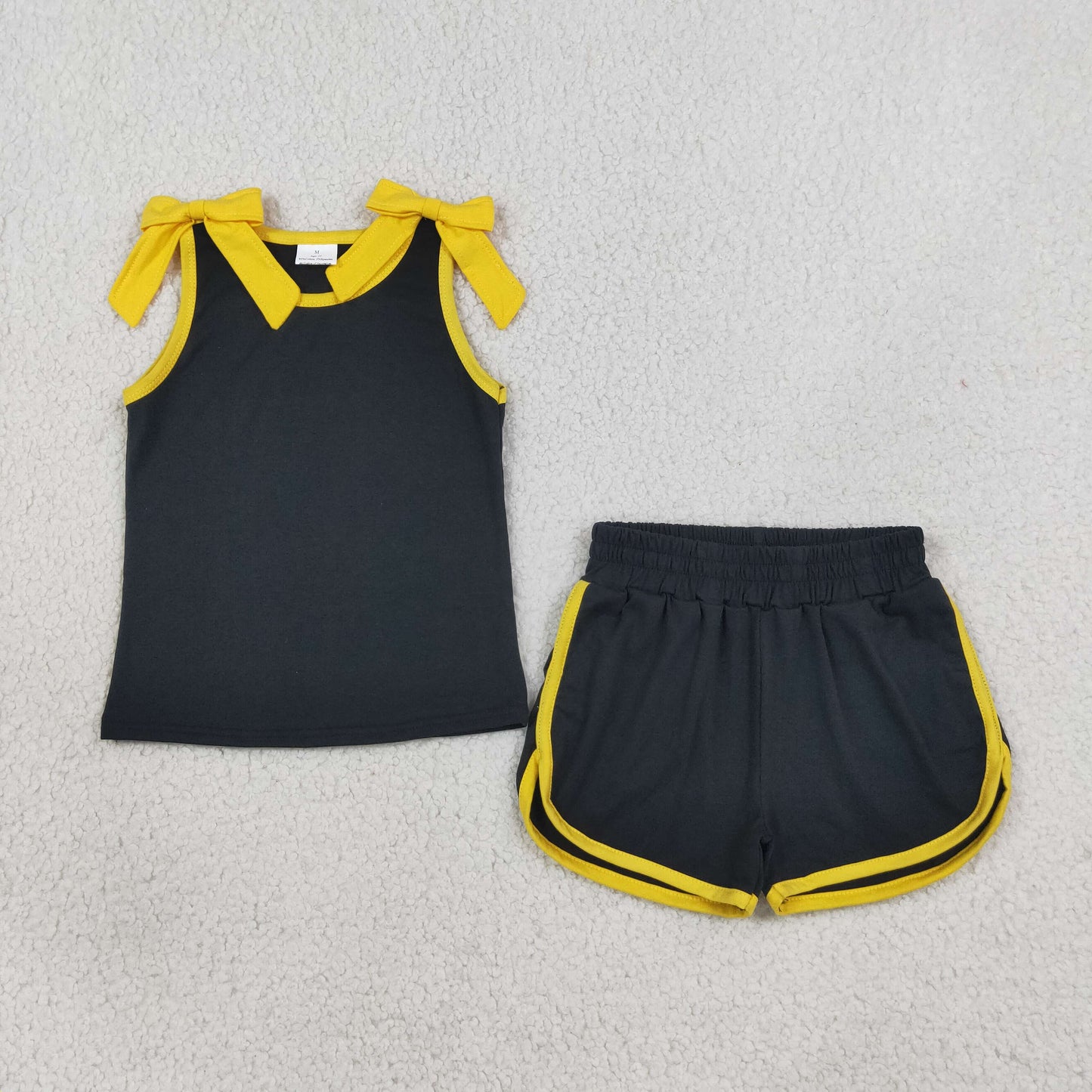 GSSO3823 Black Yellow Bows Sleeveless Shorts Girls Set