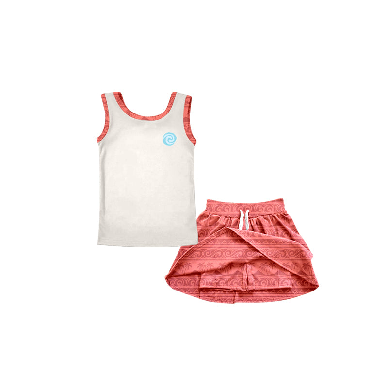 Custom Moq 3 Cartoon Princess White Sleeveless Red Skirt With Shorts Girls Set