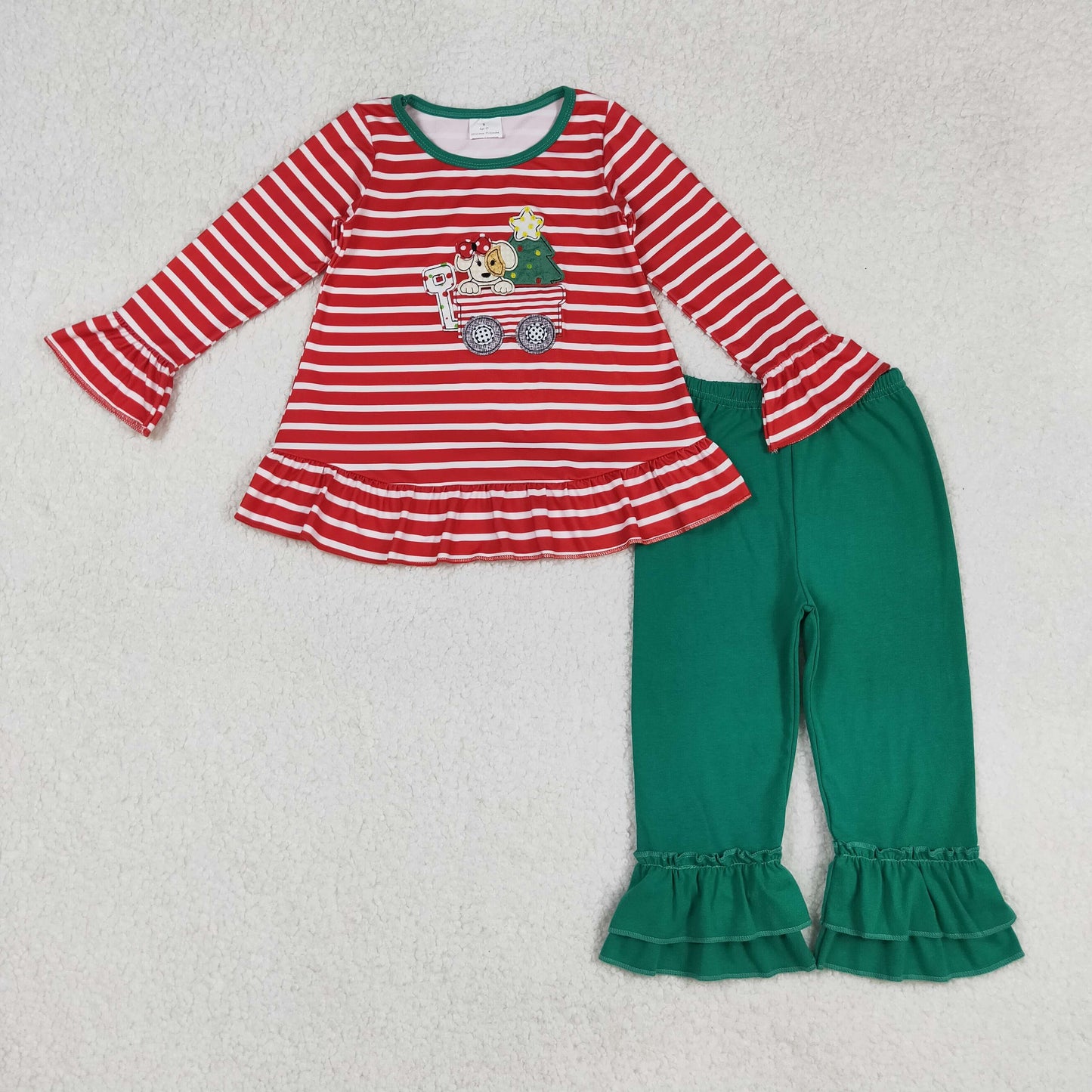 embroidery GLP2580 Christmas dog tree red striped long sleeve green pants girls set