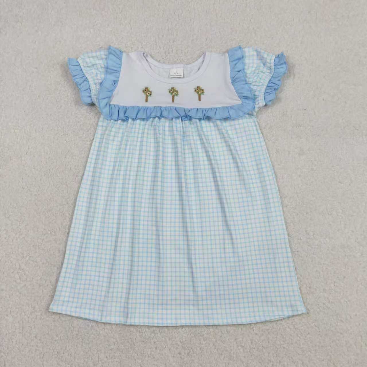 Easter Cross Blue Checkered Set/Dress Sibling Clothes RTS