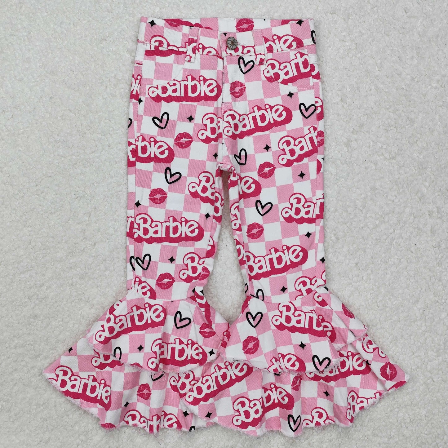 P0294 BA cartoon pink plaid girls denim pants
