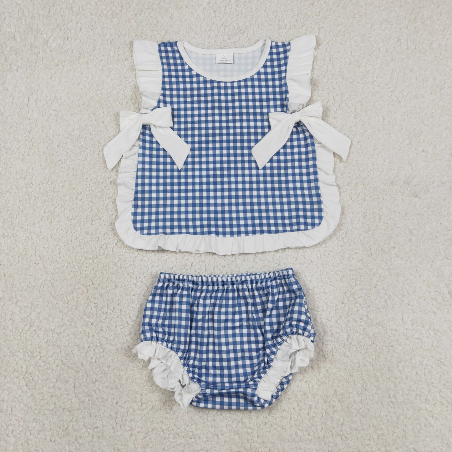 GBO0528 July 4th Blue Checkered Sleeveless Girls Bummies Set