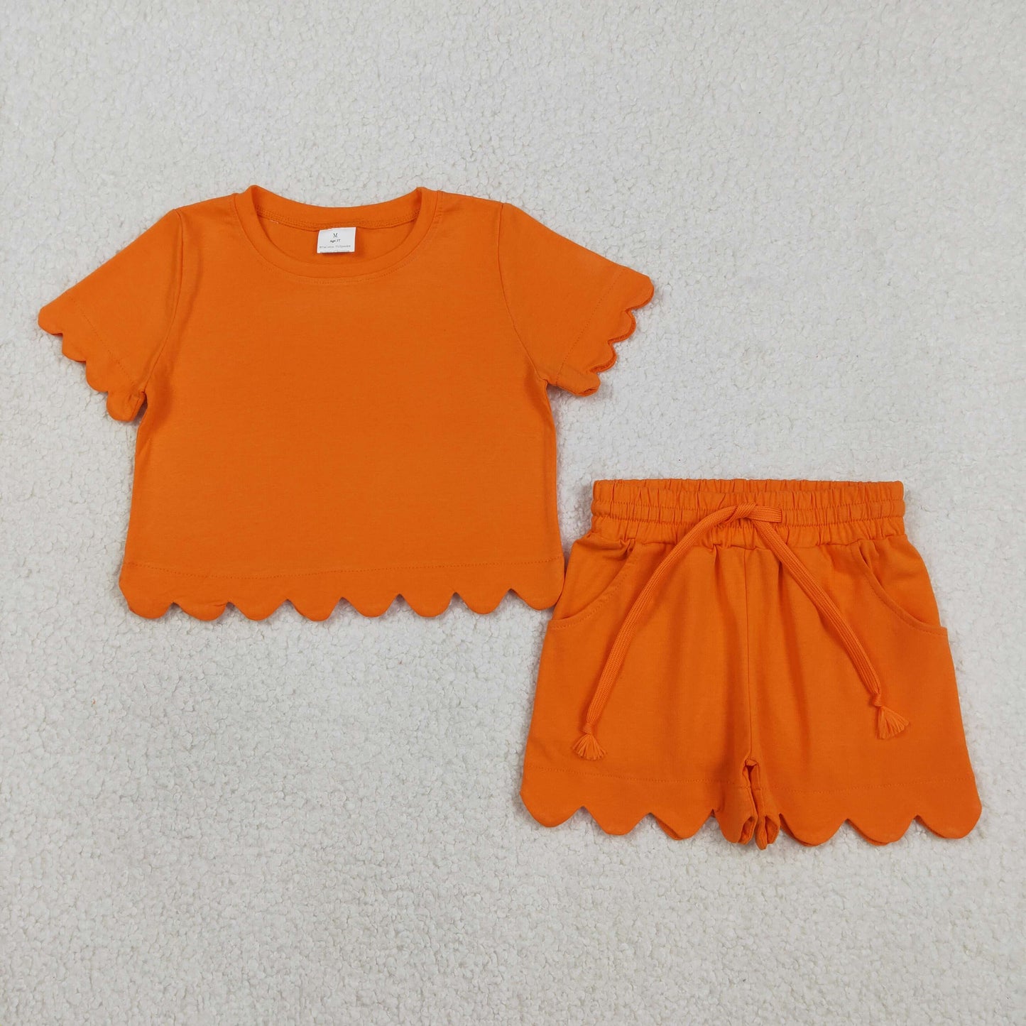 GSSO3178 Cotton Scallop Orange Short Sleeve Shorts Girls Set