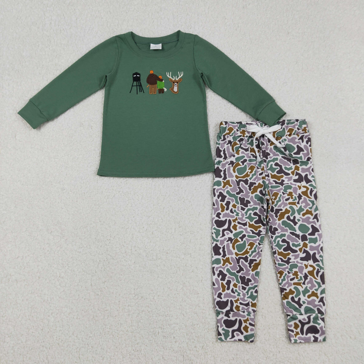 Embroidery BLP1352 hunting daddy deer long sleeve camo pants boys set