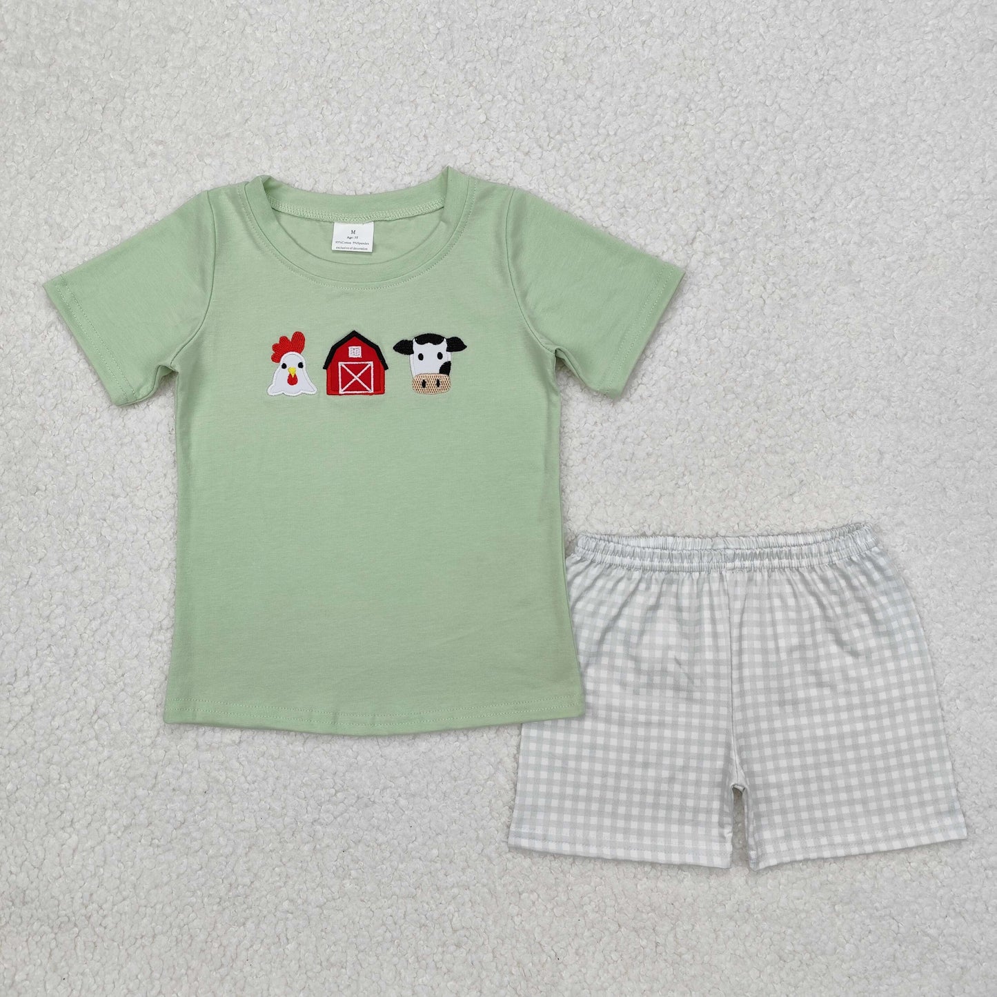 embroidery BSSO1067 Farm House Cow Chick Green Short Sleeve Checkerd Shorts Boys Set