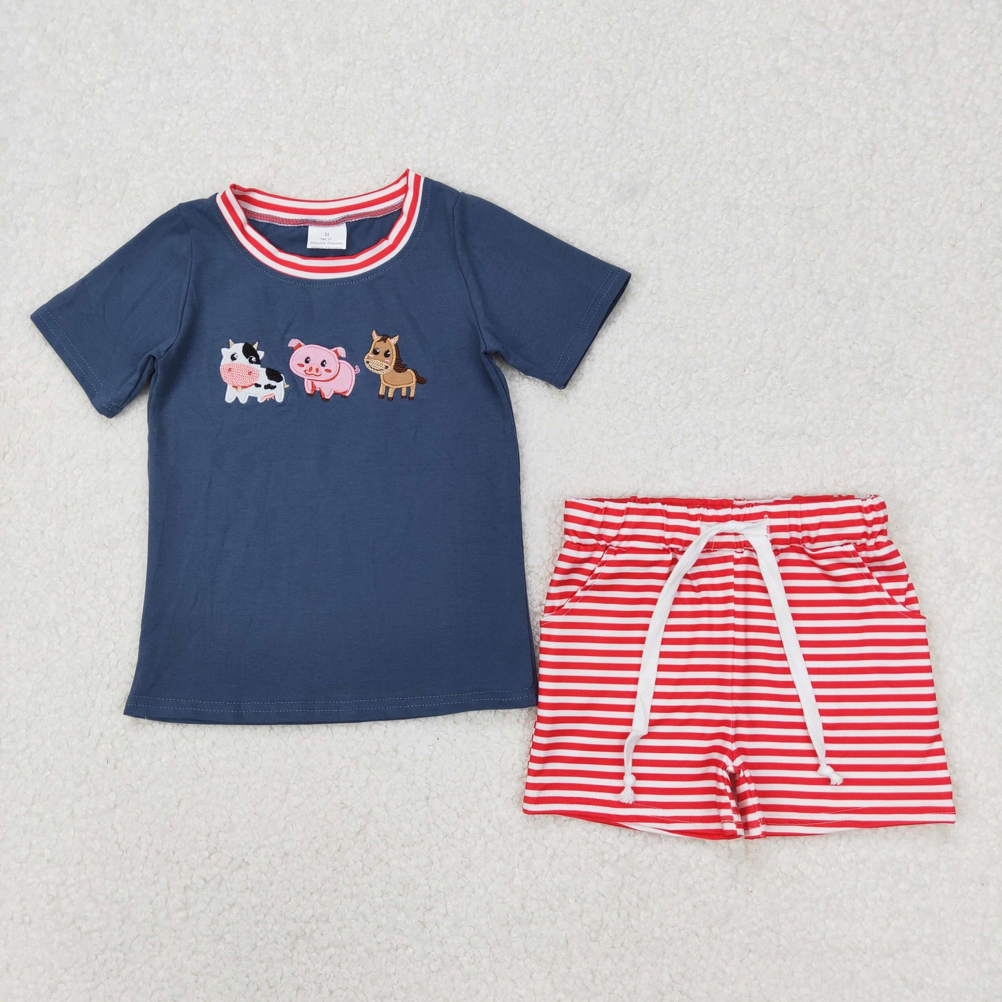BSSO1295 embroidery farm pig cow horse animals navy blue short sleeve red striped shorts boys set