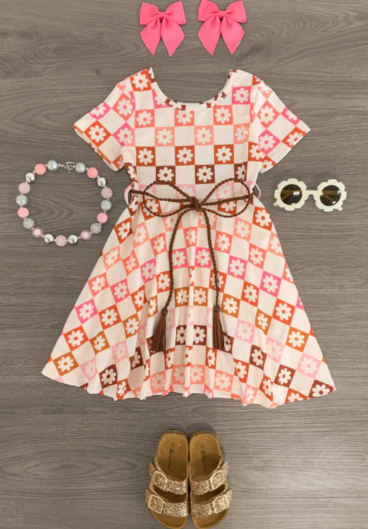 custom S 8.25 Flowers plaid short sleeve girls dress