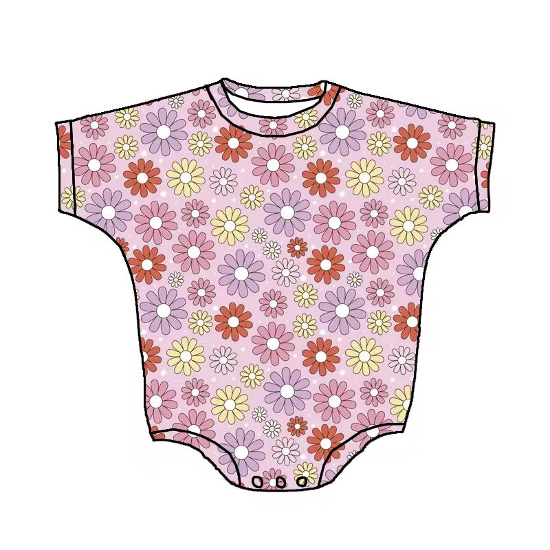 Custom colorful flowers pink short sleeve girls romper