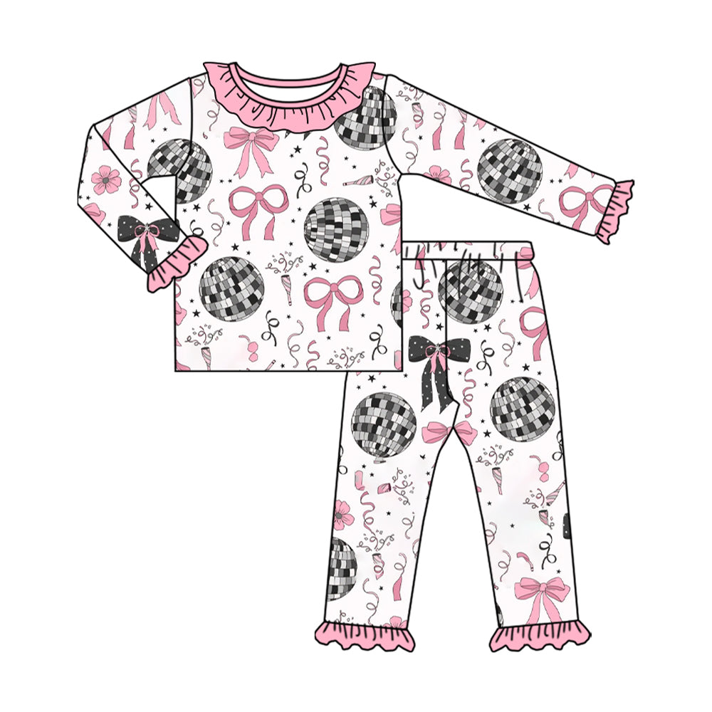 Custom moq 20 bamboo Happy new year Western light pin bows lo0ng sleeve pants girls pajamas