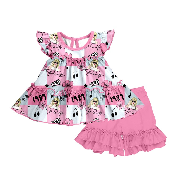 Custom 1989 Country singer flowers flutter sleeve pink shorts girls set
