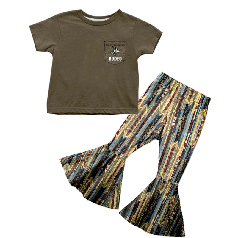 preorder GSPO1531 dark green pocket short sleeve Aztec milk silk pants girls set