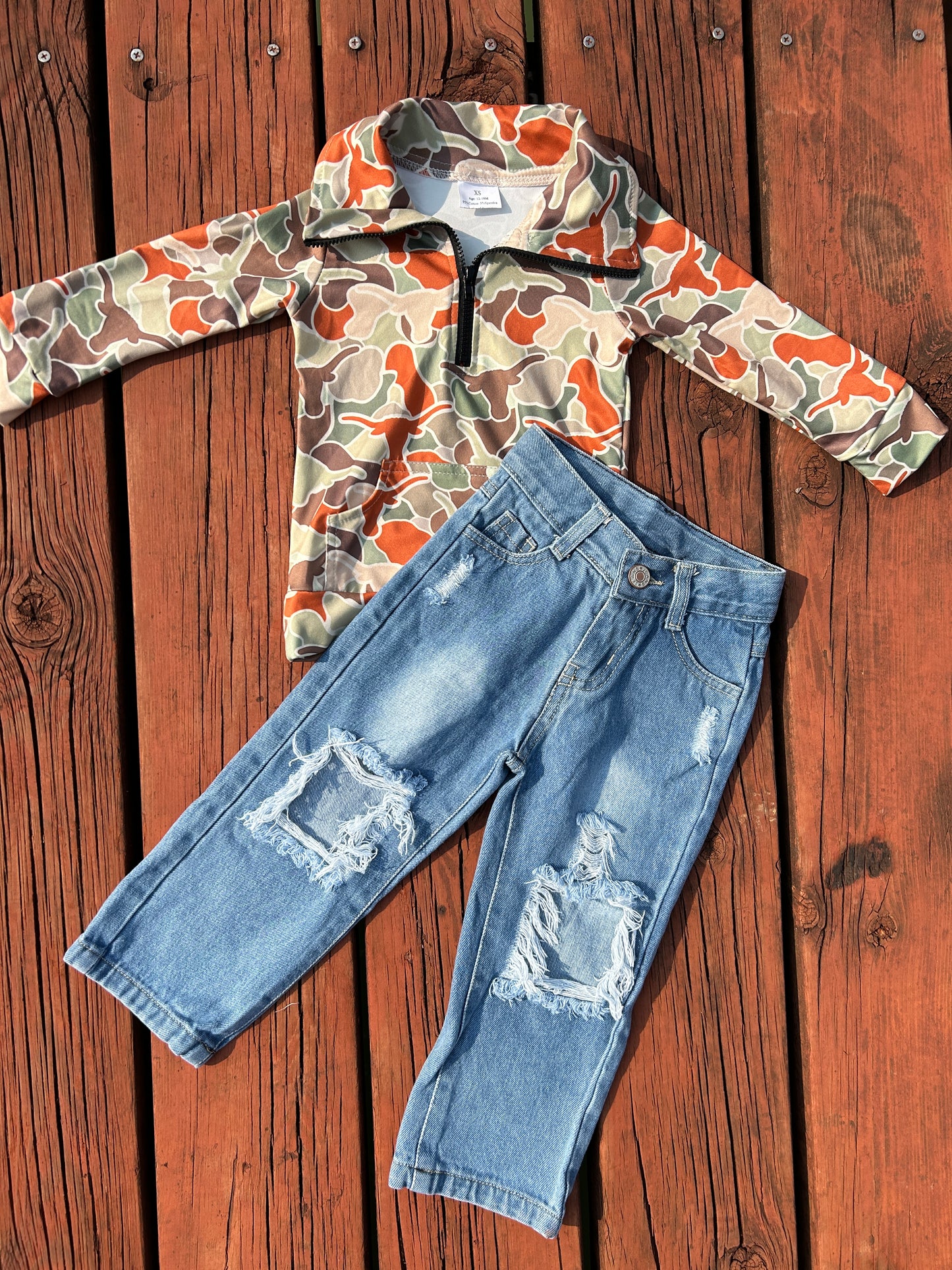Hunting camo cow pocket zipper long sleeve blue hole jeans boys set