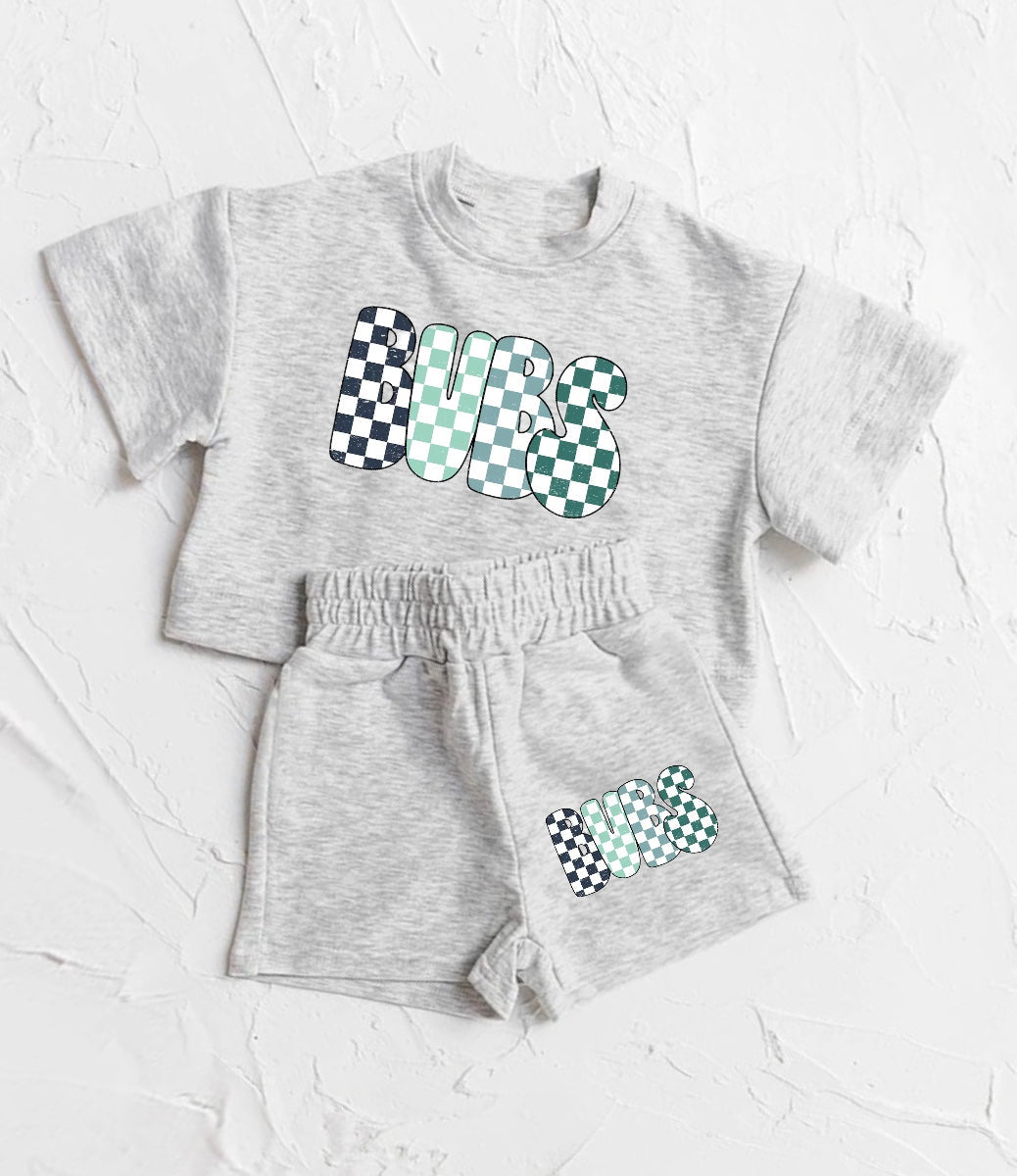 custom moq 3 checkered bubs grey short sleeve shorts kids set