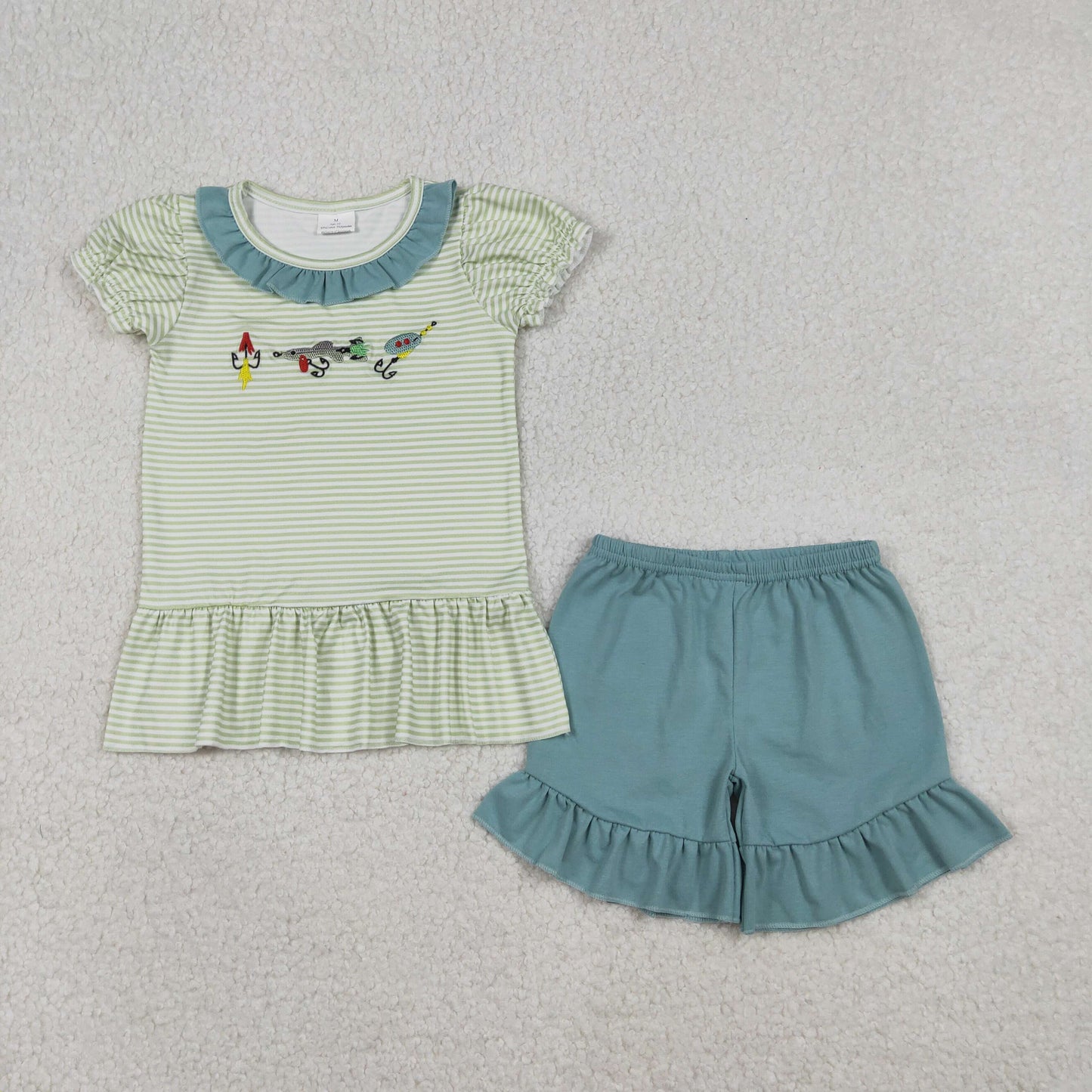 Embroidery GSSO2792 fishing striped short sleeve blue shorts girls set