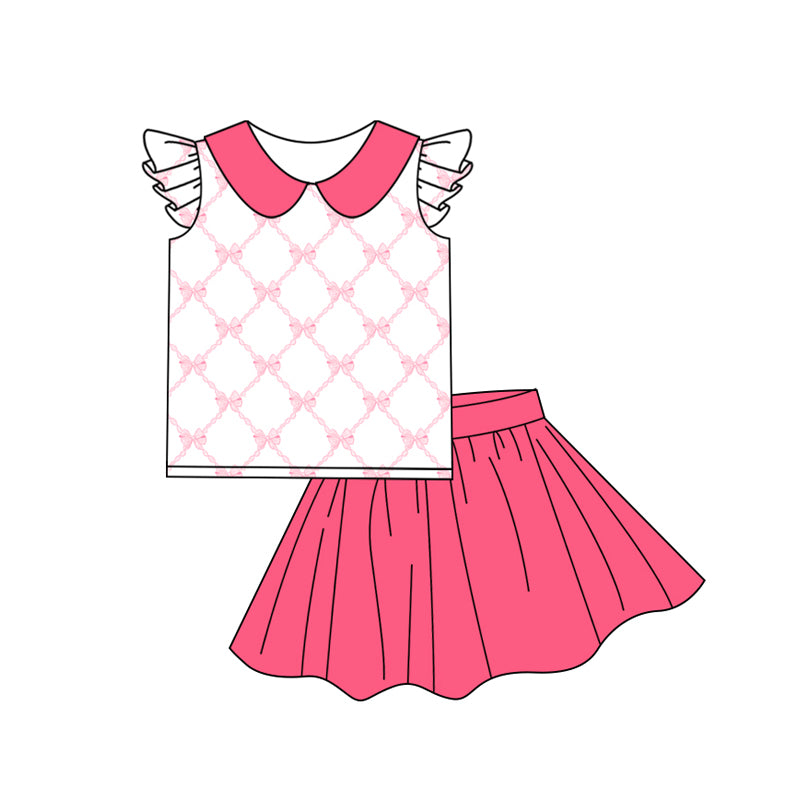 Preorder GSD1510 cute bows pink flutter sleeve hot pink skirt girls 2pcs set