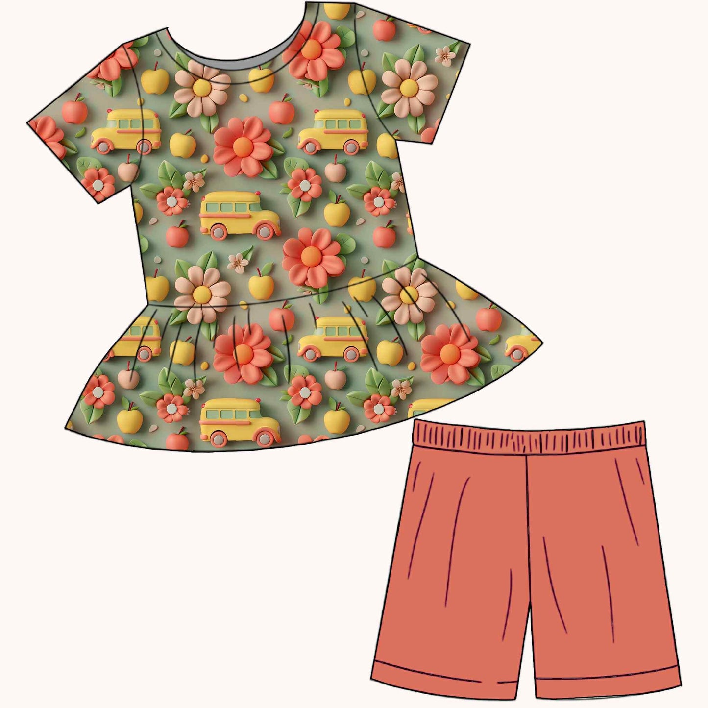 custom back to school bus flowers apple green short sleeve pink shorts girls set
