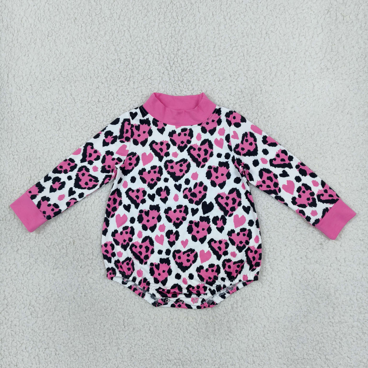 LR3332 Valentine's Day Heart Leopard Hot Pink Long Sleeve Girls Romper