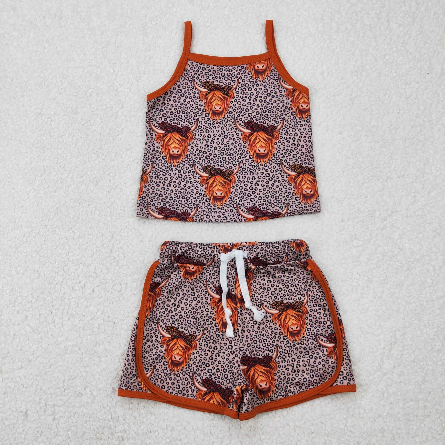 GSSO2341 Western highland cow leopard camisole shorts girls set