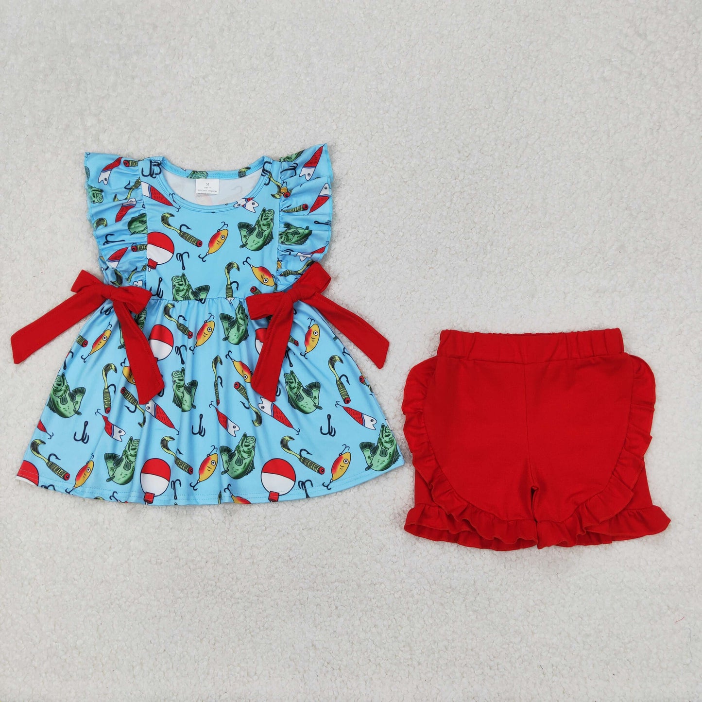 GSSO2097 Hunting fishing bows blue ruffles sleeve red shorts girls set