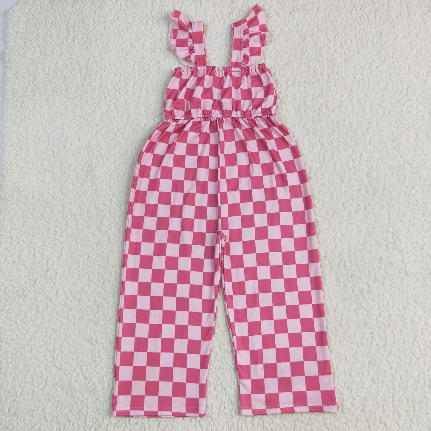 SR3050 pink checkered hot pink checkered flutter sleeve girls jumpsuits