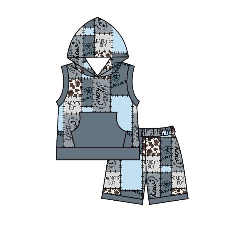 custom style daddy's boys grey blue pocket sleeveless hoodie shorts boys set