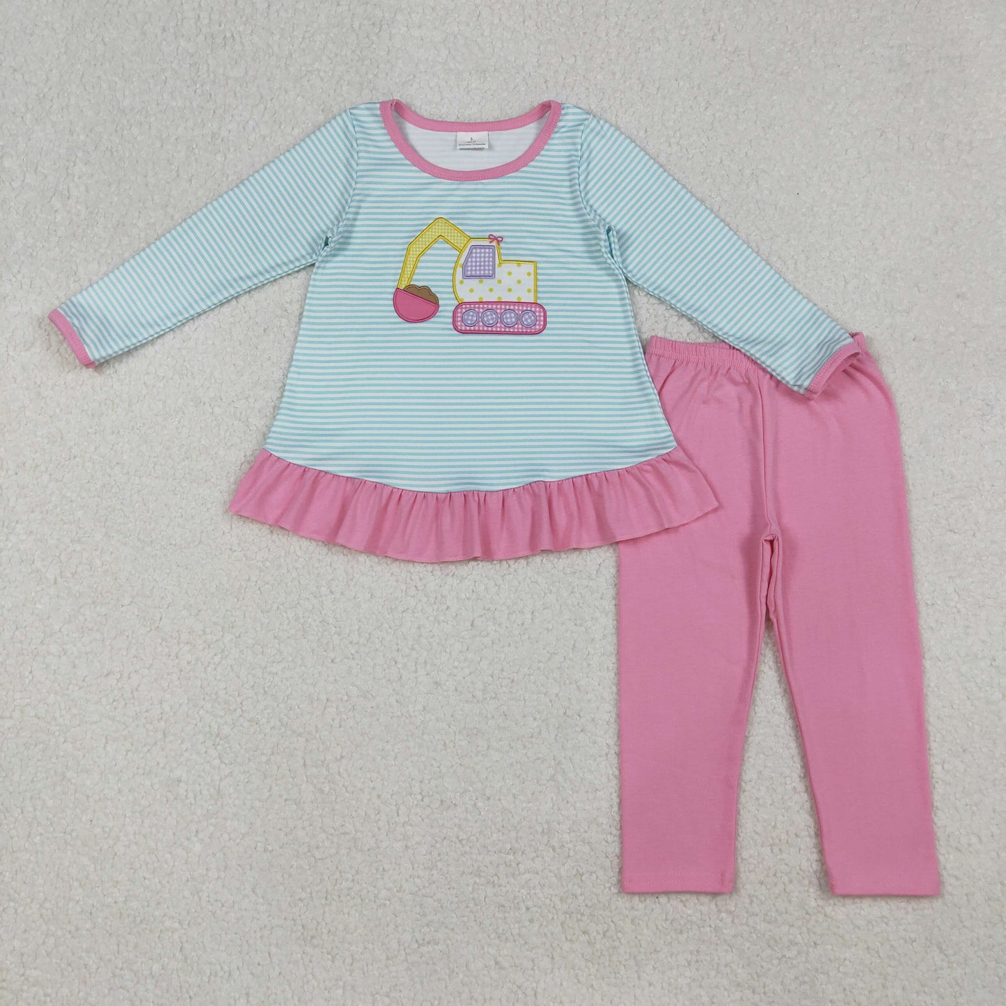 embroidery GLP2466 cartoon construction truck blue striped long sleeve hot pink pants girls set