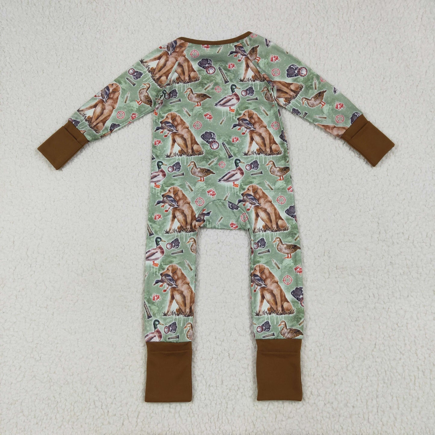Custom moq 20 bamboo hunting dog mallard duck green long sleeve zipper boys romper