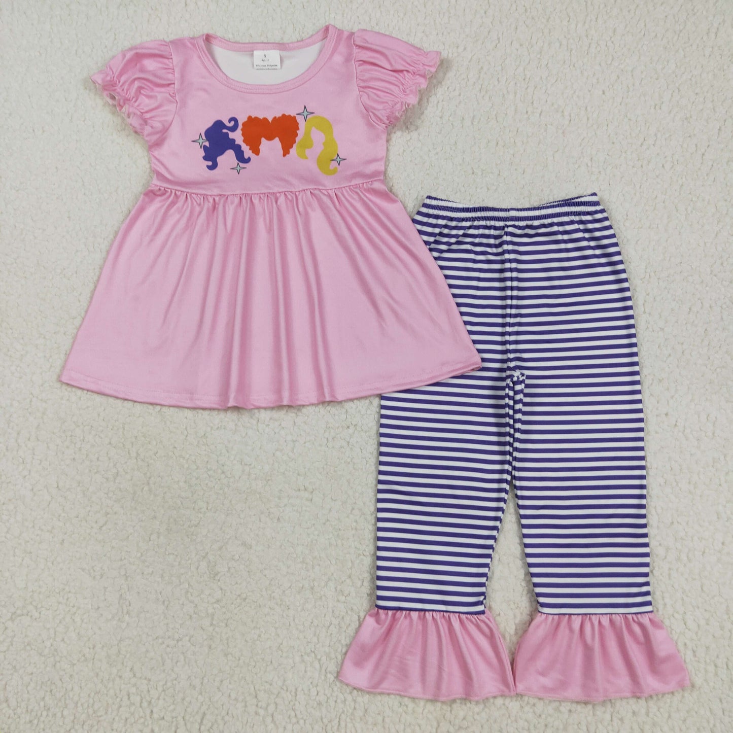 GSPO2043 Halloween witch pink short sleeve striped pants girls set