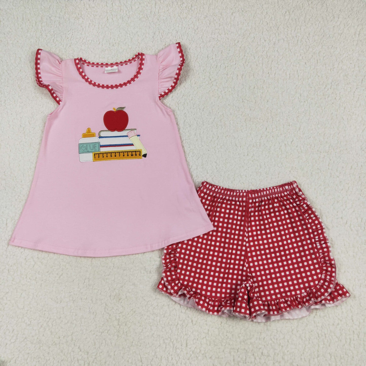 GSSO2069 embroidery back to school apple book pen pink short sleeve red checkered shorts girls set