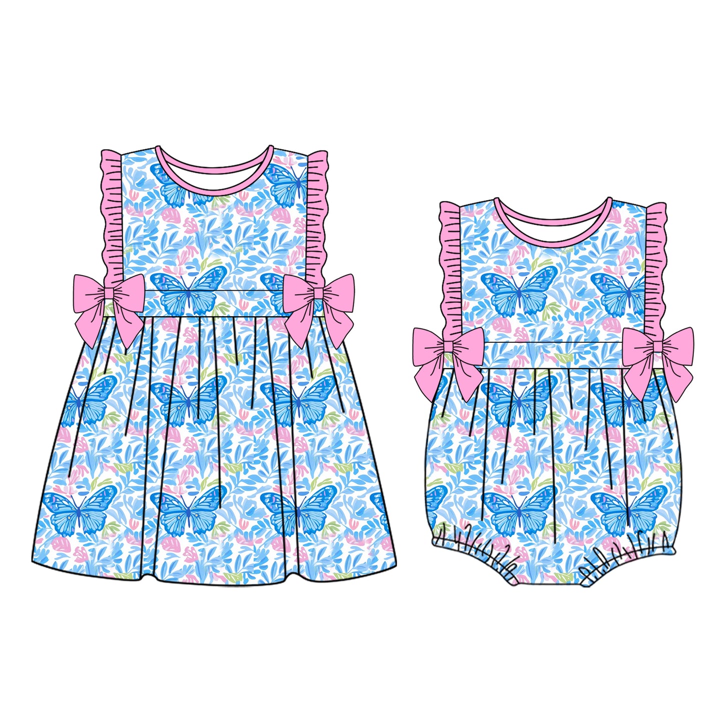 custom moq 5 Flowers Blue Butterfly Dress/Romper Sibling Clothes