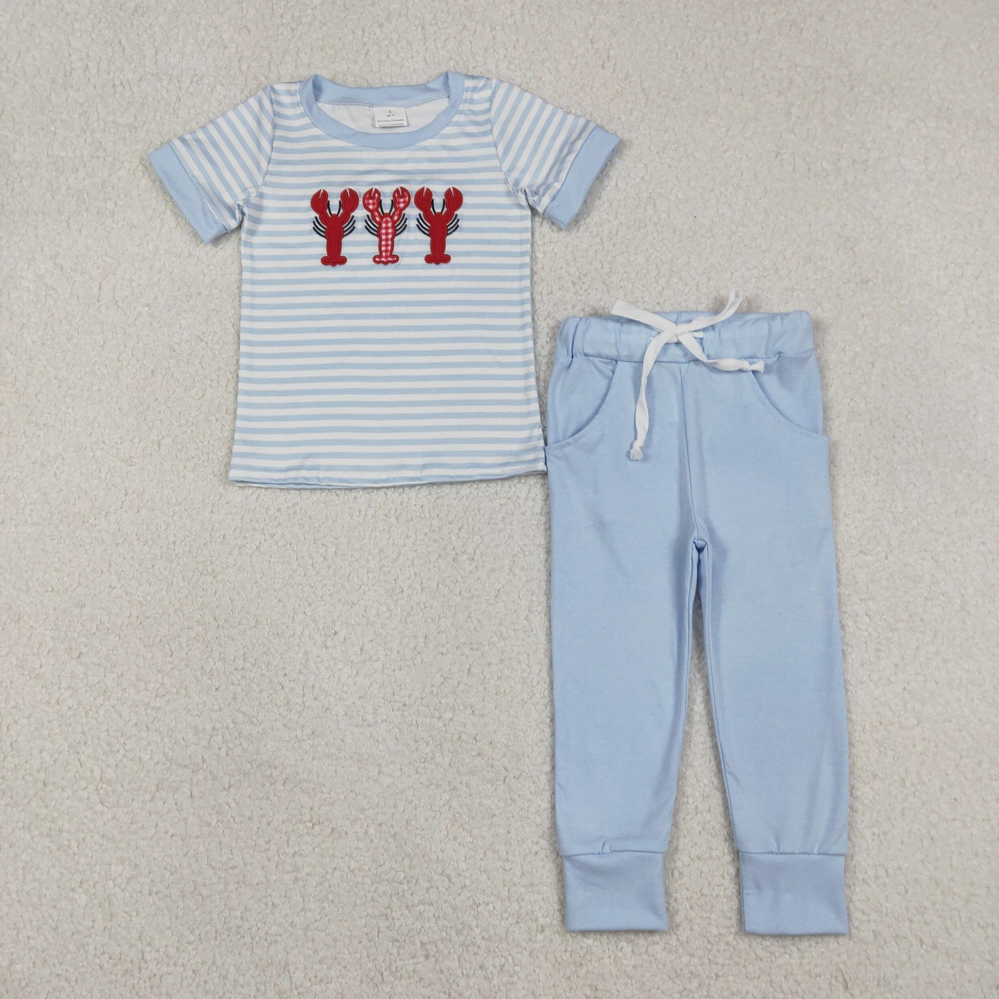 Embroidery BSPO0616 crayfish blue striped short sleeve blue pants boys set
