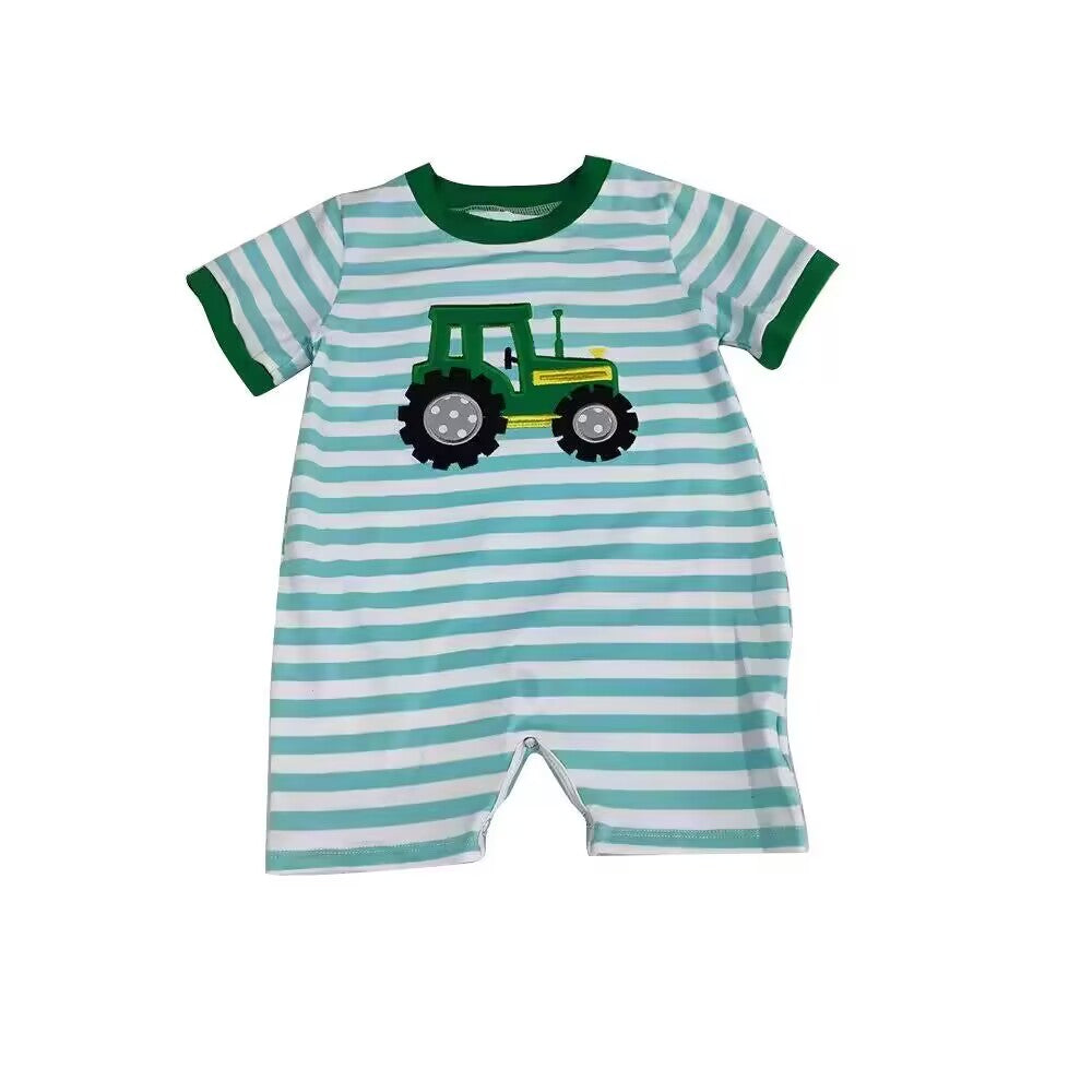 custom style farm tractor green striped short sleeve boys romper