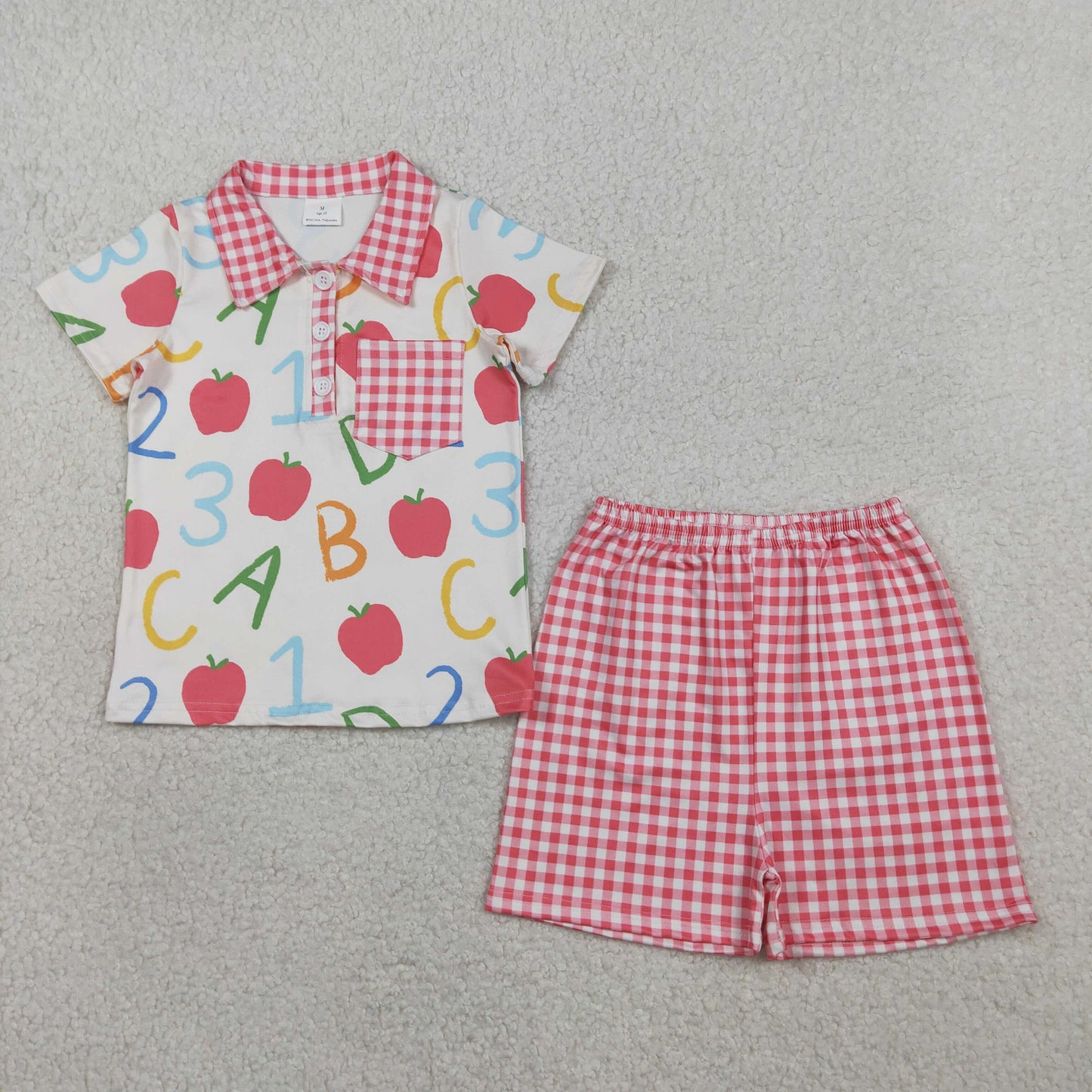BSSO1913 Back To School Apple Pocket Short Sleeve Red Checkered Shorts Boys Set