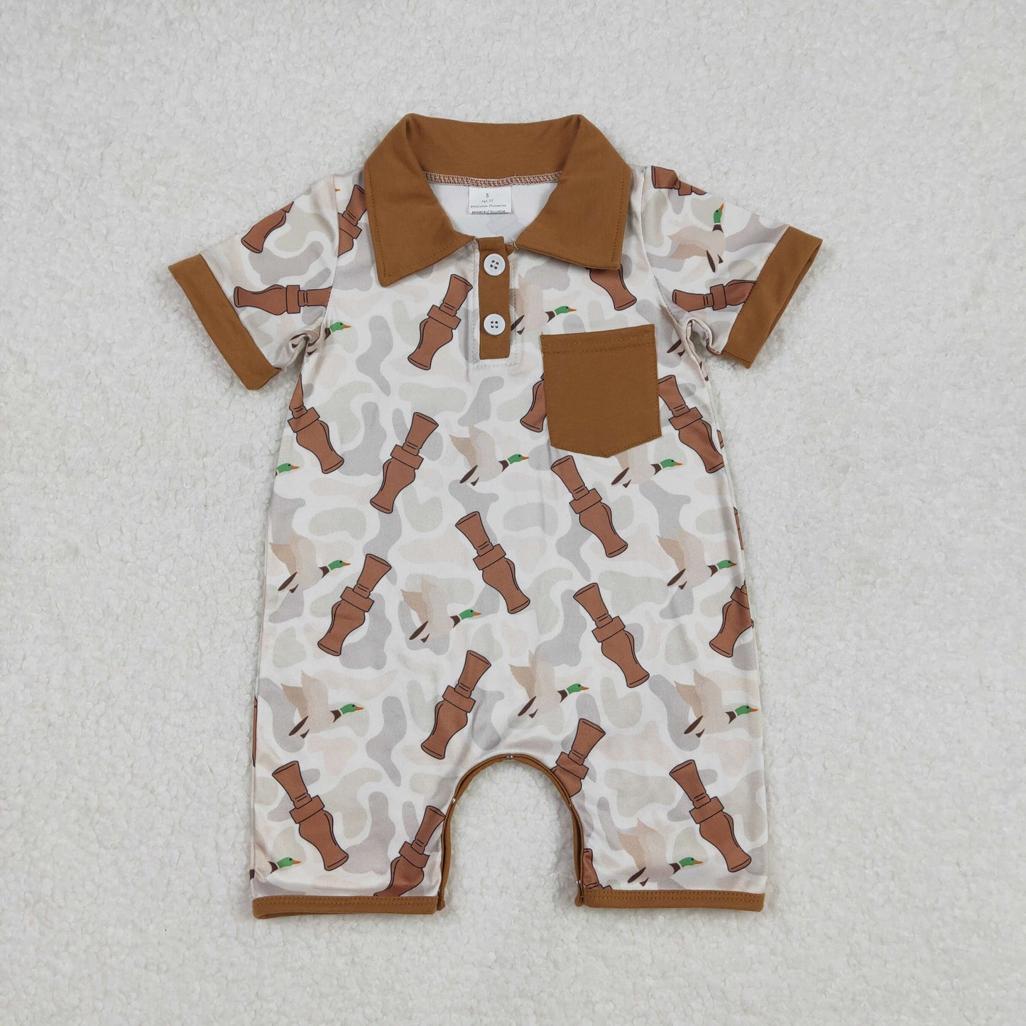SR2464 Hunting duck call brown pocket camo short sleeve boys romper
