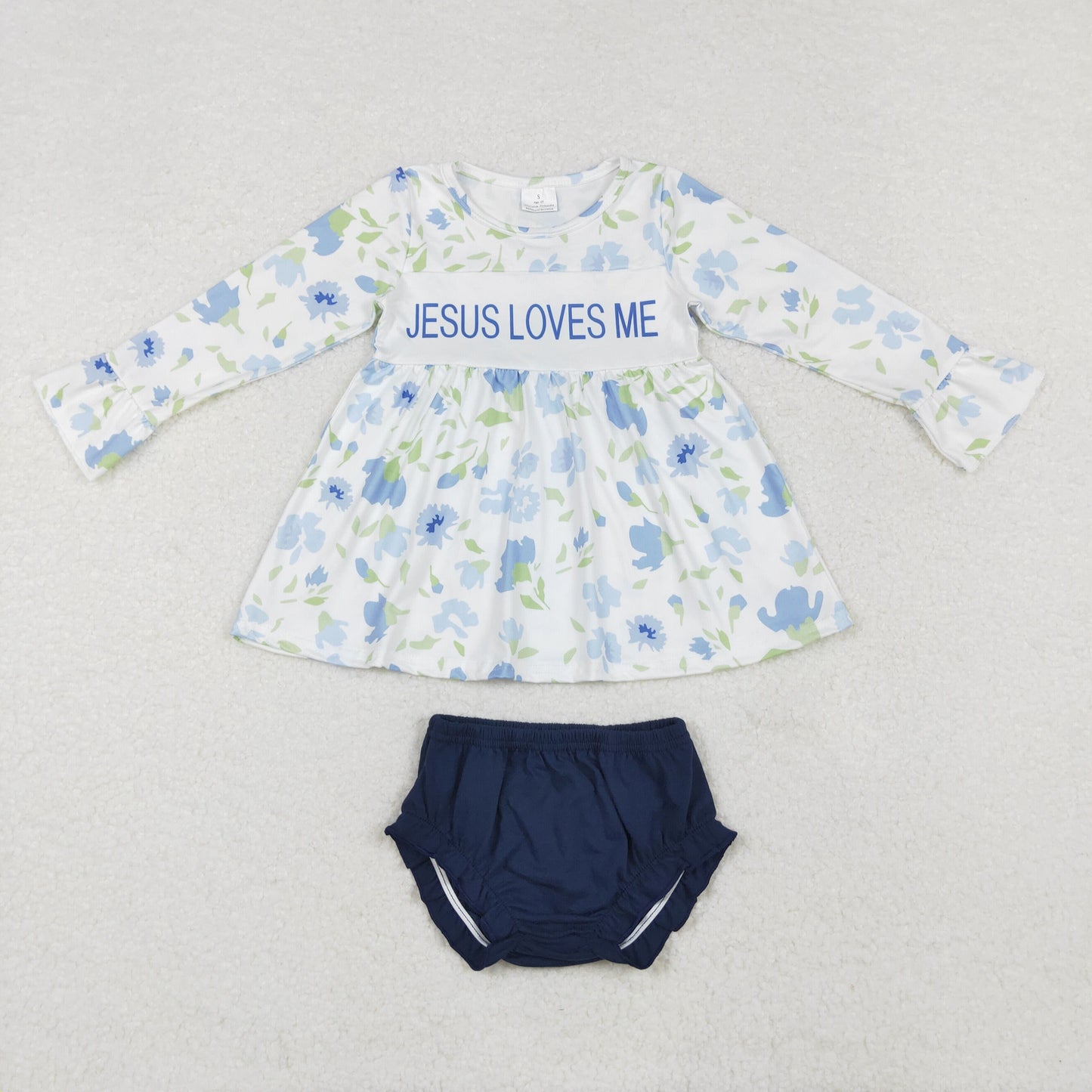 GBO0435 Jesus loves me blue flowers long sleeve girls bummies set