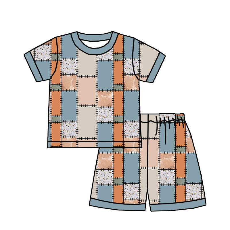 custom style bamboo grey patchwork check printing short sleeve shorts boys set
