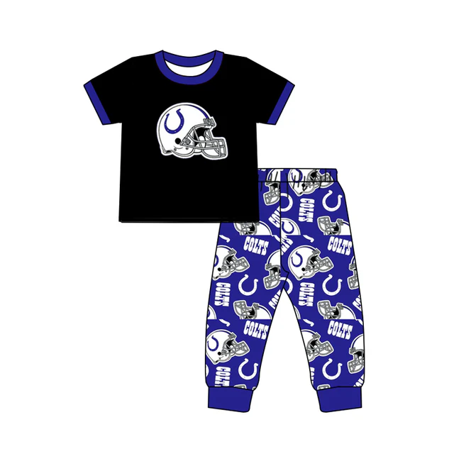 custom moq 3 football team COLES black short sleeve navy blue pants boys set