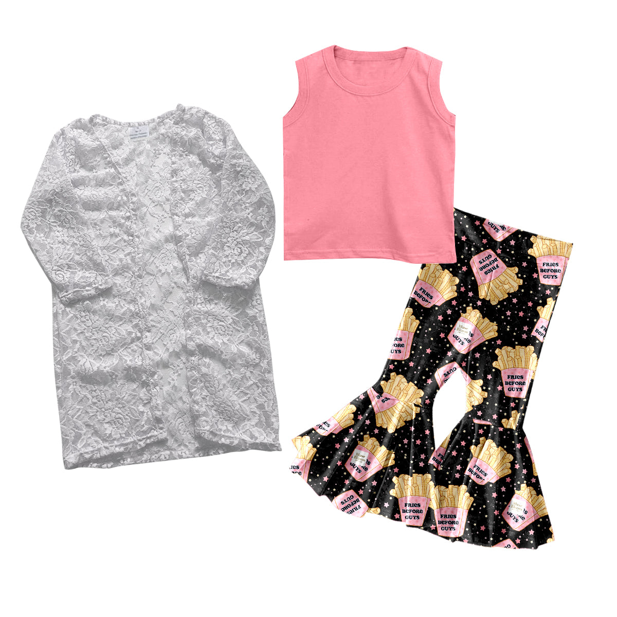 custom White lace cardigan pink sleeveless top chips black pants girls set