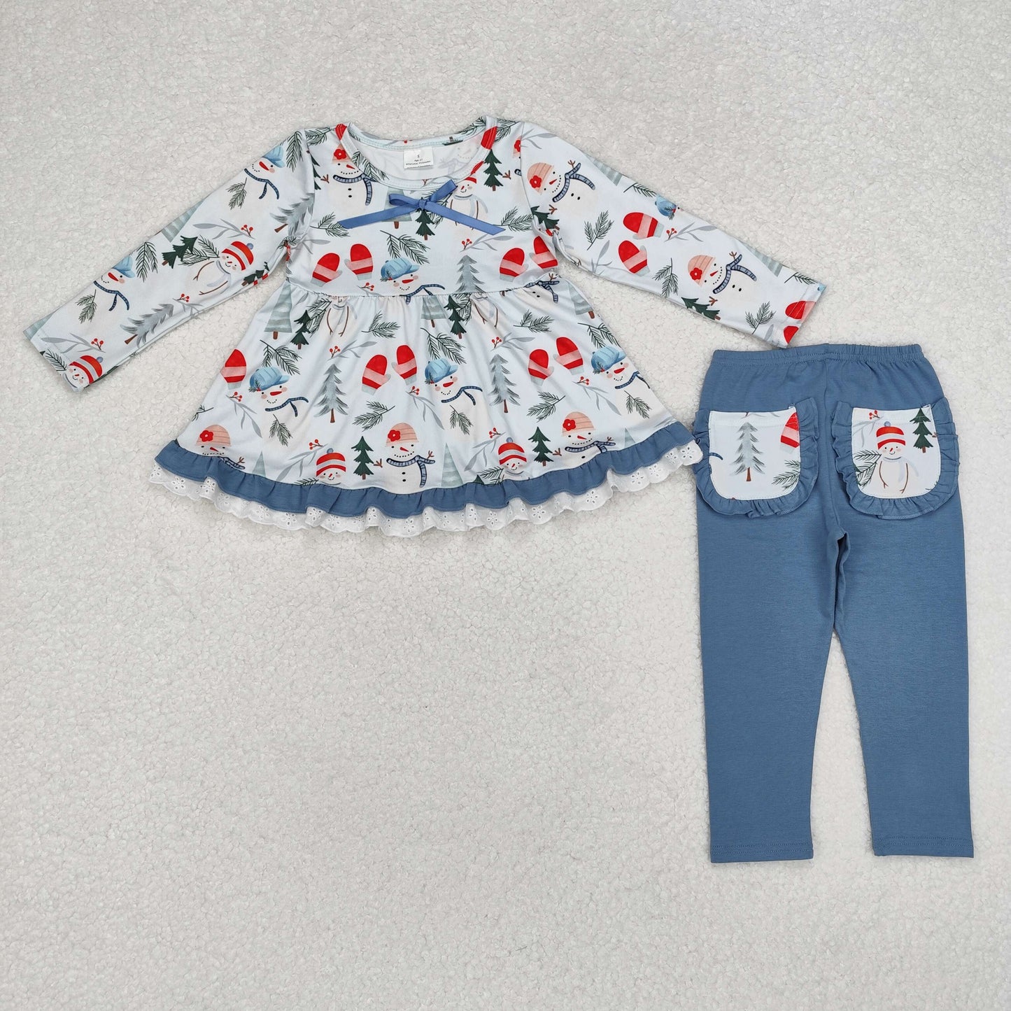 GLP1778 Christmas snowman tree blue long sleeve pants girls set