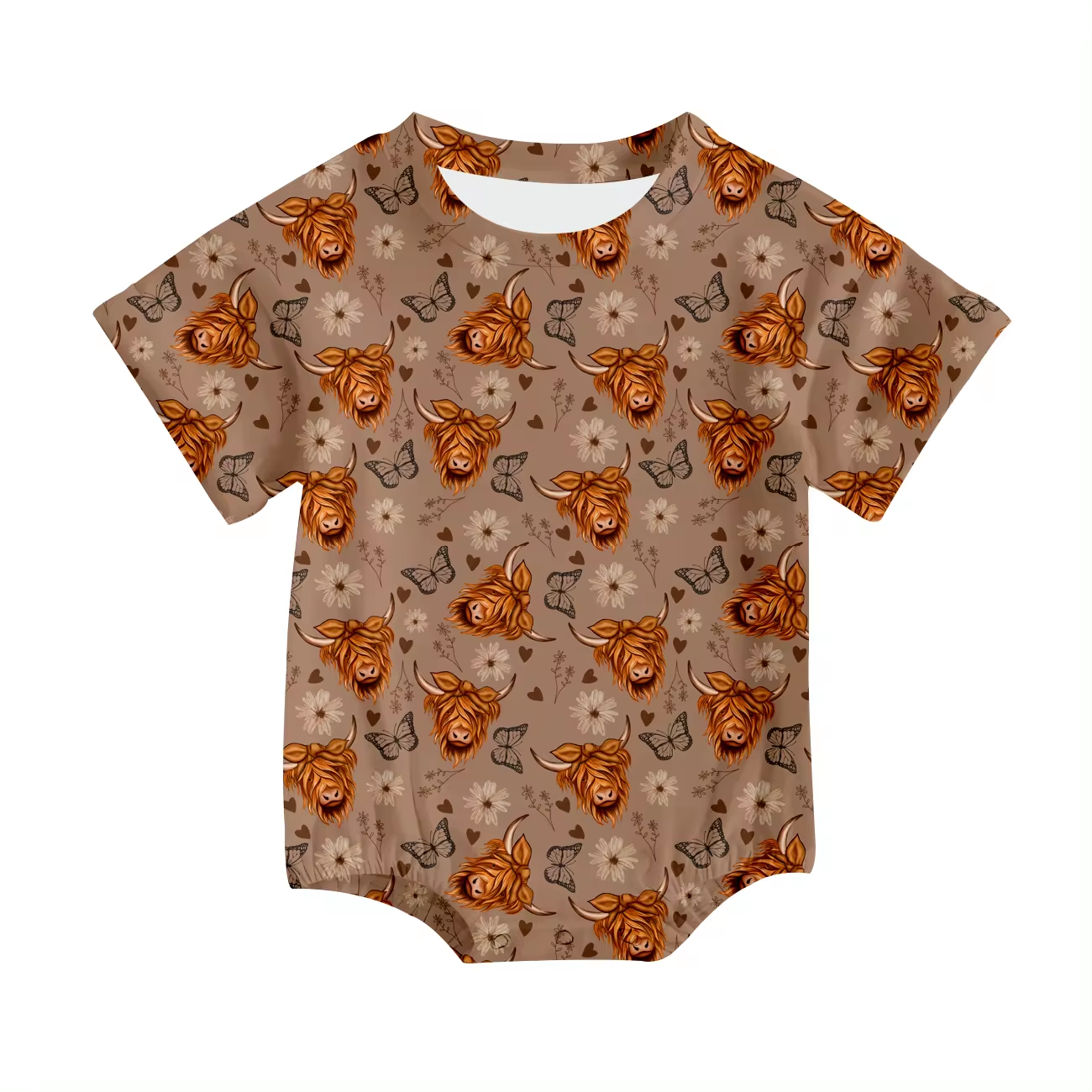 Custom butterfly flowers highland cow short sleeve baby romper