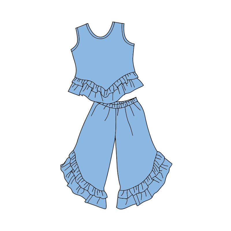 custom trendy blue sleeveless pants girls ruffles set