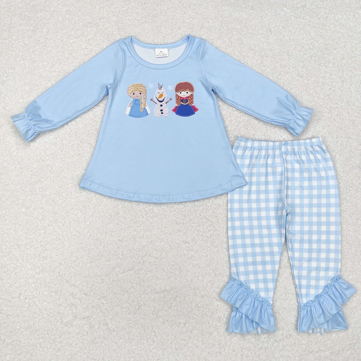 GLP1484 ice princess snowman blue long sleeve blue checkered pants girls set