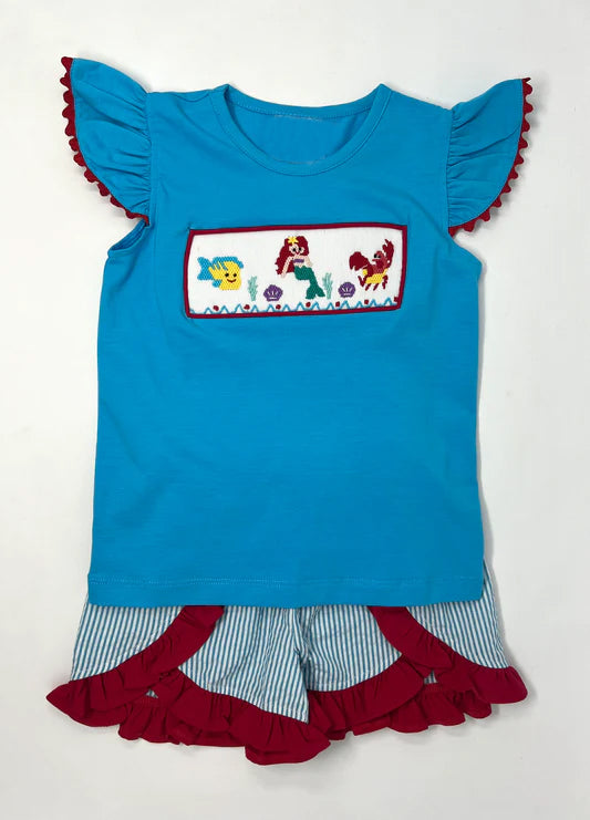 preorder GSSO0776 Mermaid fish blue flutter sleeve striped red ruffles shorts girls set