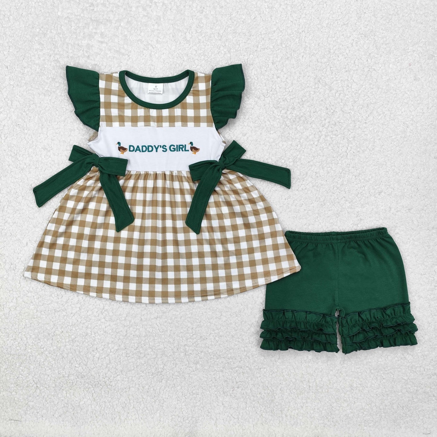 embroidery GSSO1646 hunting daddy's girl mallard green checkered bows flutter sleeve brown shorts girls set