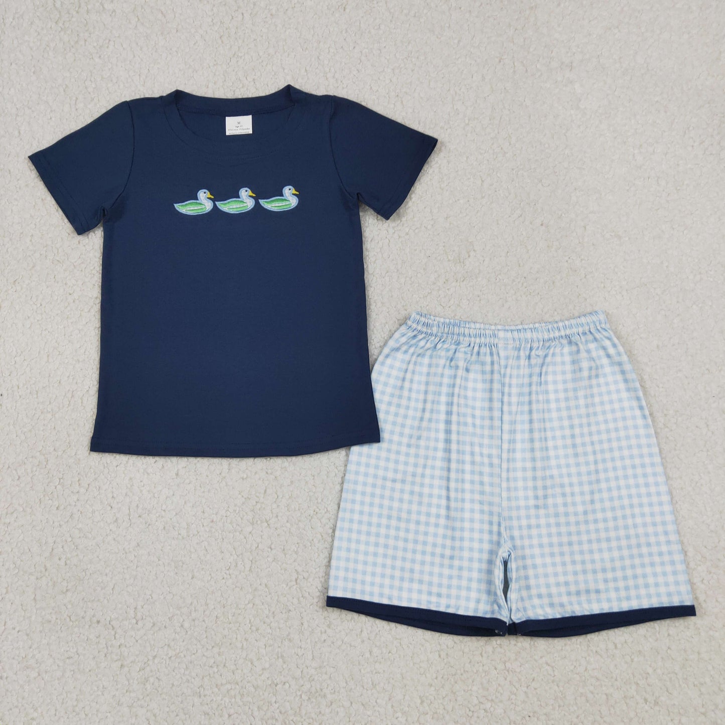 Embroidery BSSO1938 Mallard Duck Navy Blue Short Sleeve Shorts Boys Set