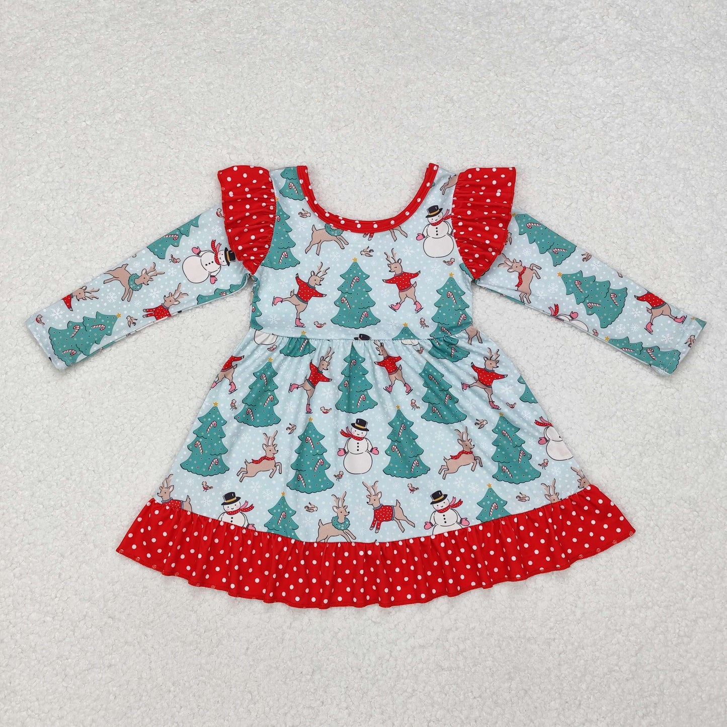 GLD0794 Christmas snowman tree deer long sleeve girls dress